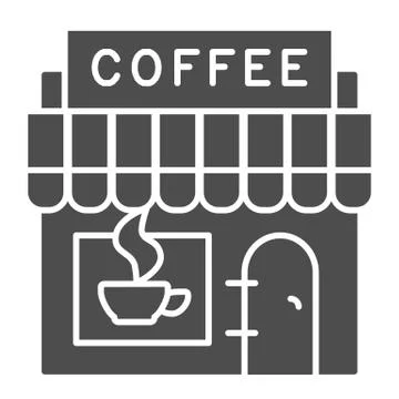 Coffee store solid icon. Building facade and signboard of hot drink symbol Stock Illustration