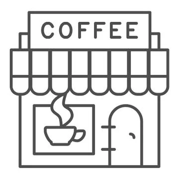 Coffee store thin line icon. Building facade and signboard of hot drink symbol Ilustración de archivo