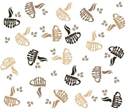 Coffee stylized seamless pattern. Word coffee shaped into cup with scattered  Illustrazione stock