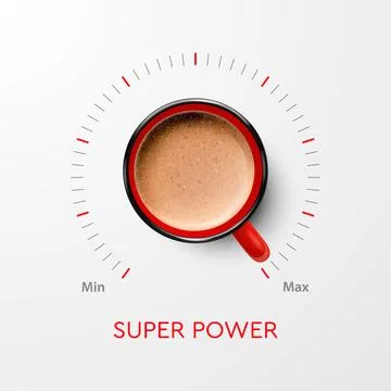 Coffee Super Power. Vector 3d Realistic Red Mug with Black Coffee and Volume Stock Illustration