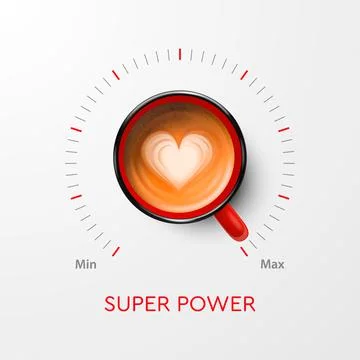 Coffee Super Power. Vector 3d Realistic Red Mug with Black Coffee and Volume Illustrazione stock