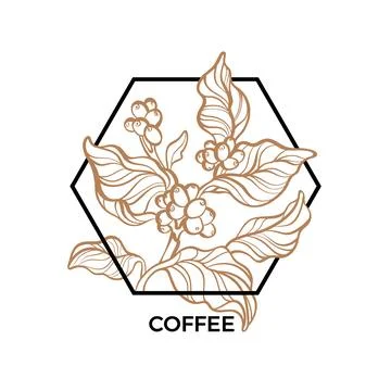 Coffee symbol. Vector geometric frame. Art line branch, realistic leaf, bean, Stock Illustration