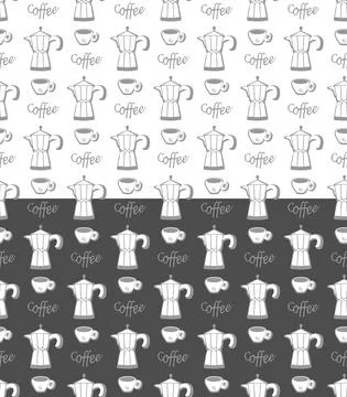 Coffee symbols seamless pattern. Cup, pot, lettering, modern flat icons graphic Stock Illustration