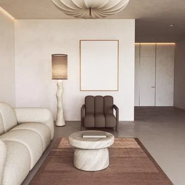 Coffee table and textured sofa in a scandinavian minimalism living room mockup Ilustração Stock