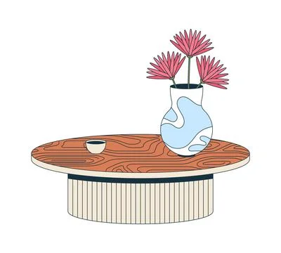 Coffee table with flower vase and cup decor 2D cartoon object Stock Illustration