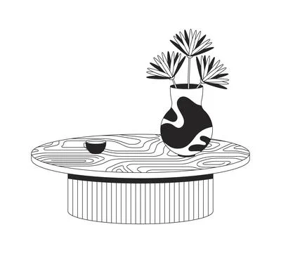 Coffee table with flower vase and cup decor 2D line object Stock Illustration