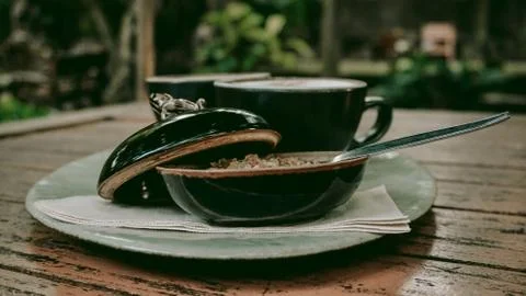 Coffee table in a garden Stock Photos