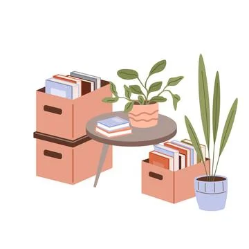 Coffee table with office supplies, cardboard boxes with colored books, documents Stock Illustration