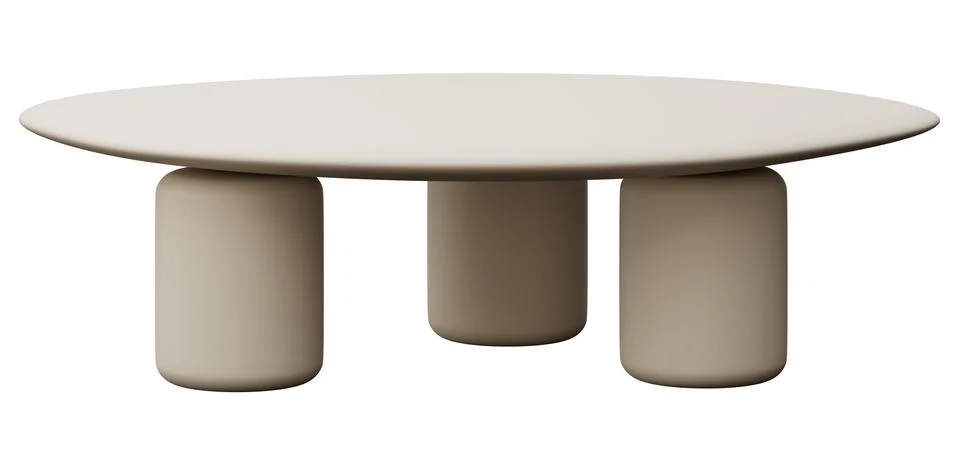 A coffee table is shown with a round top resting on three cylindrical legs. T Stock Illustration