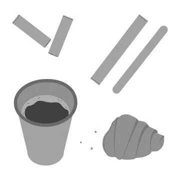 Coffee take away Set in grayscale. Deposable cup, sugar and stirring stick Stock-Illustration