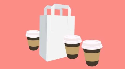 Coffee Take Away Set, with three paper cups of coffee, and a paper bag Stock Illustration