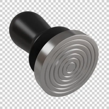 Coffee tamper with a smooth, rounded black handle and silver color. Stock Illustration