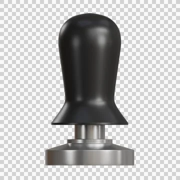 Coffee tamper with a smooth, rounded black handle and silver color. Stock Illustration