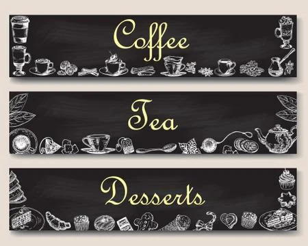 Coffee, tea and desserts vector banner template set Stock Illustration