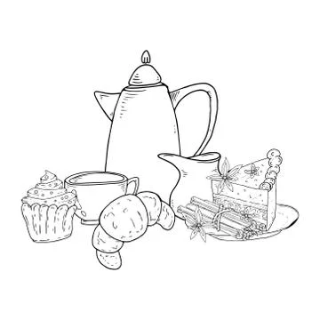 Coffee, tea with cakes icon. Vector illustration of sweets with coffee set. H Stock-Illustration