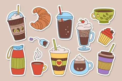 Coffee tea cup drawn trendy cartoon set patch vector 库存插图