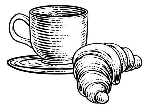 Coffee Tea Cup Mug and Croissant Woodcut Stock Illustration
