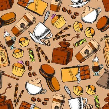 Coffee, tea, desserts seamless background Stock Illustration