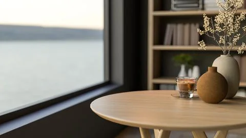 Coffee tea in glass cup and vase on round wooden table with bookshelf and g.. Stock Illustration