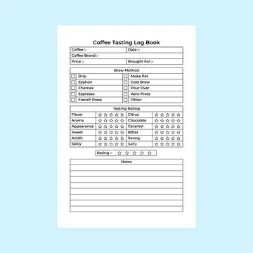 Coffee testing log book KDP interior. Coffee quality and taste tracker jour.. Ilustración de archivo