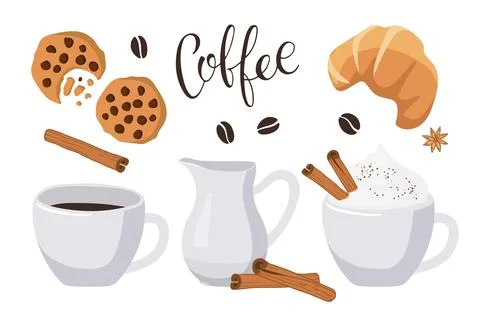 Coffee text with two coffee mugs, creamer, croissant, cookies, cinnamon. Vector Stock Illustration