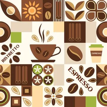 Coffee theme background with design elements in simple geometric style. Stock Illustration