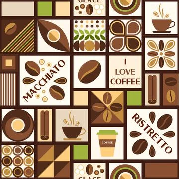 Coffee theme background with design elements in simple geometric style. 스톡 일러스트
