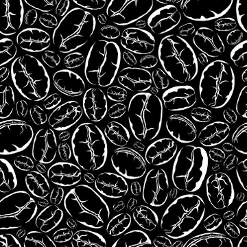 Coffee theme. Contour coffee beans seamless pattern on black background Stock Illustration