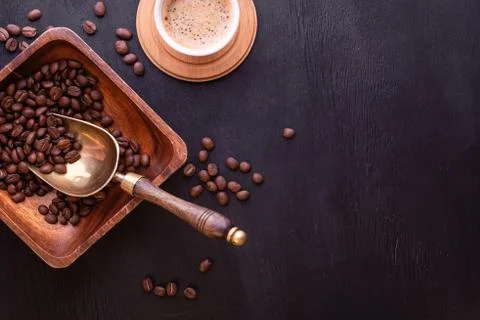 Coffee theme. Flat lay with place for text. Hot cup of coffee. 스톡 사진