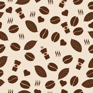 Coffee theme seamless pattern various shapes beans, leaves, coffee cup, heart sh Stock Illustration