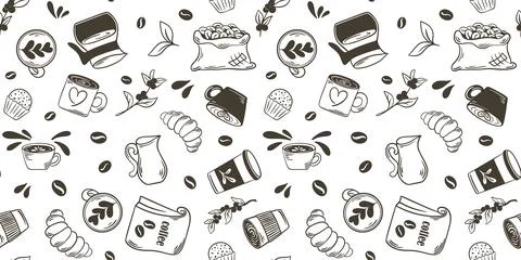 Coffee themed seamless pattern in doodle sketch style Stock Illustration