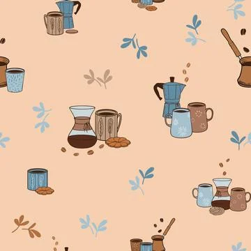 Coffee themed seamless vector pattern. Cups, cookies, manual coffee brewers 스톡 일러스트