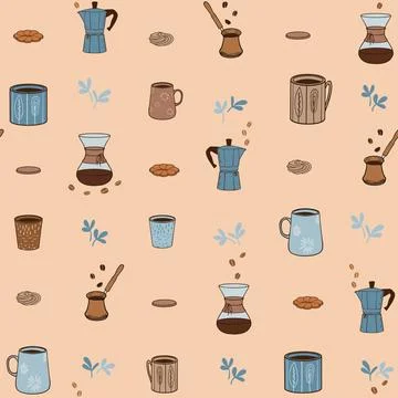 Coffee themed seamless vector pattern. Cups, cookies, manual coffee brewers Illustrazione stock