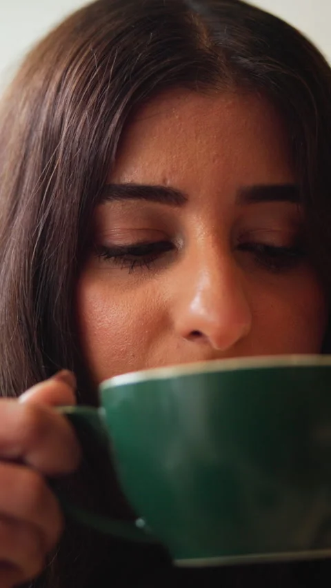 Coffee, thinking and woman in cafe with relax, calm or peaceful morning for Stock Footage 337463571
