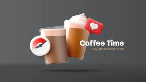 Coffee time banner with 3d render capuccino and latte with foam cream in glas Illustrazione stock