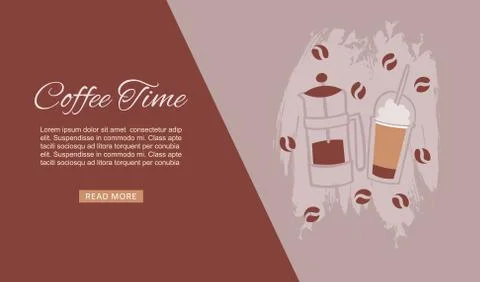 Coffee time, cafe, hot drinks dessert expresso and cappuccino web banner cartoon Stock Illustration