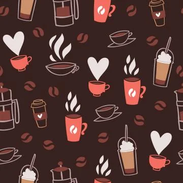 Coffee time, cafe, hot drinks dessert expresso and cappuccino seamless pattern Stock Illustration