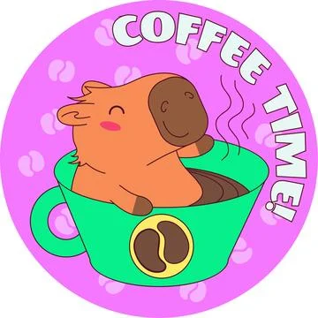 Coffee time capybara in mug cute vector illustration round sticker pink Stock Illustration