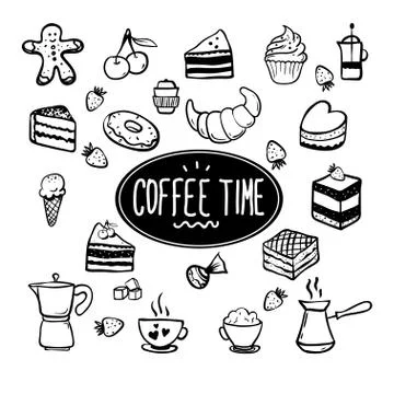 Coffee time card with elements of kitchen. Hand drawn vector illustration. You Stock Illustration