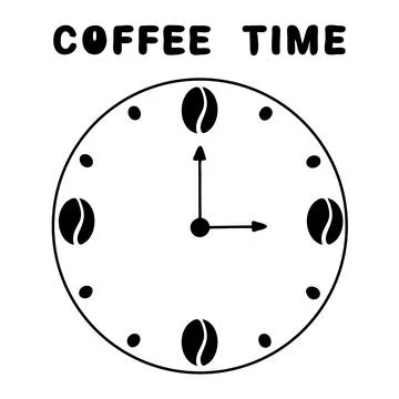 Coffee time clock with coffee beans and hand drawn lettering. Vector illust.. Stock-Illustration