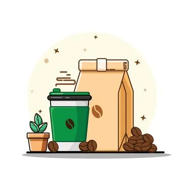 Coffee time Coffee cup, beans, and package, cafe concept Stock Illustration