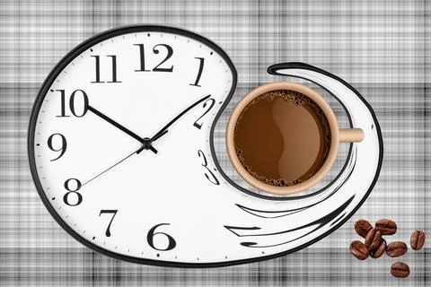 Coffee Time Composition. Coffee cup over clock face and roasted beans top vie Stock Illustration