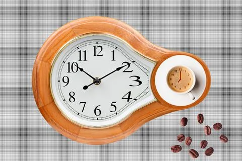 Coffee Time Composition. Coffee cup over clock face and roasted beans top vie Illustrazione stock