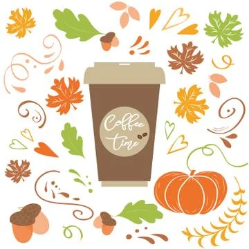 Coffee time lettering text on fall background with autumn leaves, pumpkin aco Stock Illustration