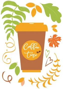 Coffee time lettering text on fall background with autumn leaves, vector Coff Stock Illustration