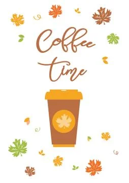 Coffee time lettering text on white background maple leaves, vector illustrat Stock Illustration