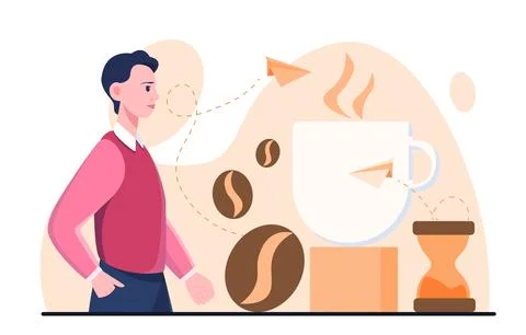 Coffee time man. Young guy near coffee beans and mug with hot drink. Refreshing Stock Illustration