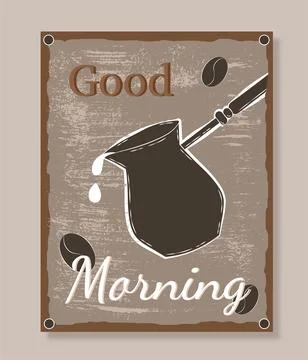 Coffee time poster. Jug with hot drink near beans. Coffee shop, cafe or Stock Illustration