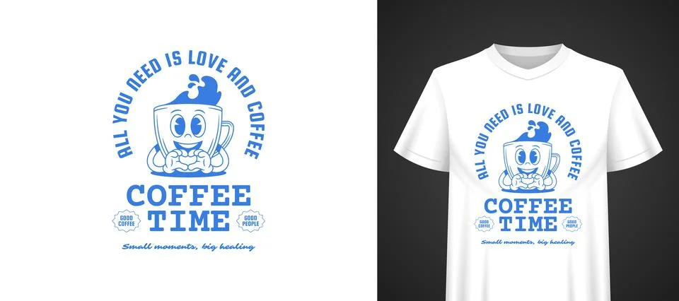 Coffee Time Retro Mascot Vector Template  Cartoon TShirt Print Stock Illustration