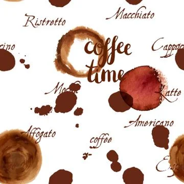 Coffee Time seamless background texture with words and stains Stock Illustration